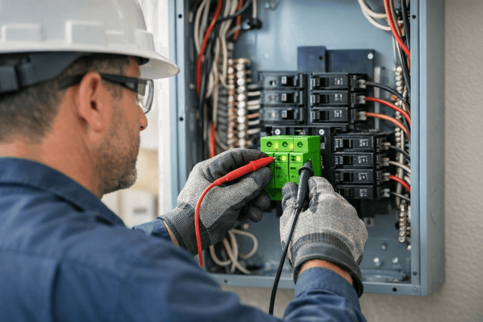 Electrician testing surge protection device at electrical panel