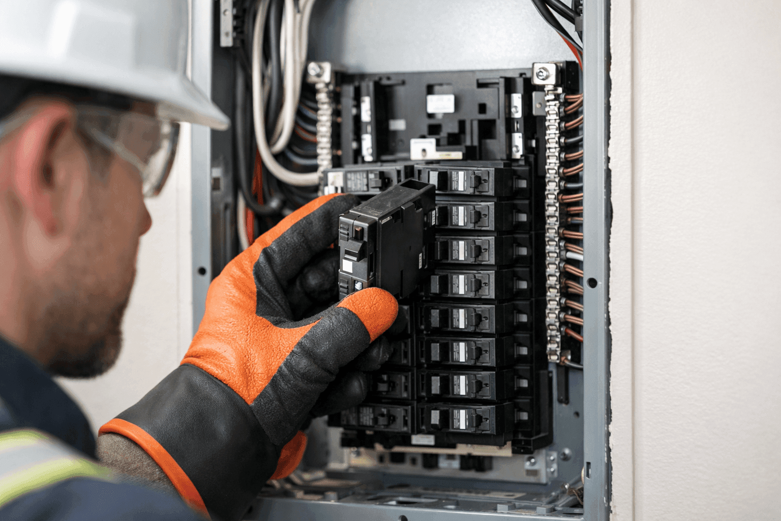 Electrician installing AFCI breaker in home panel