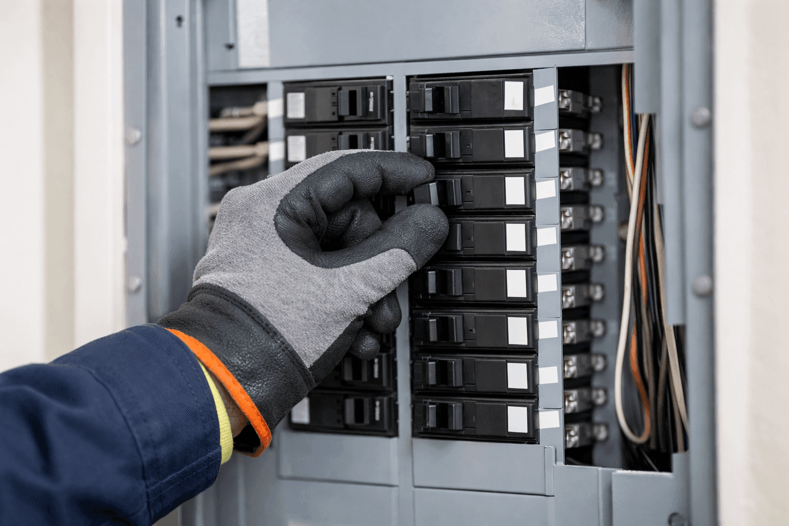 Electrician resetting circuit breaker in residential panel