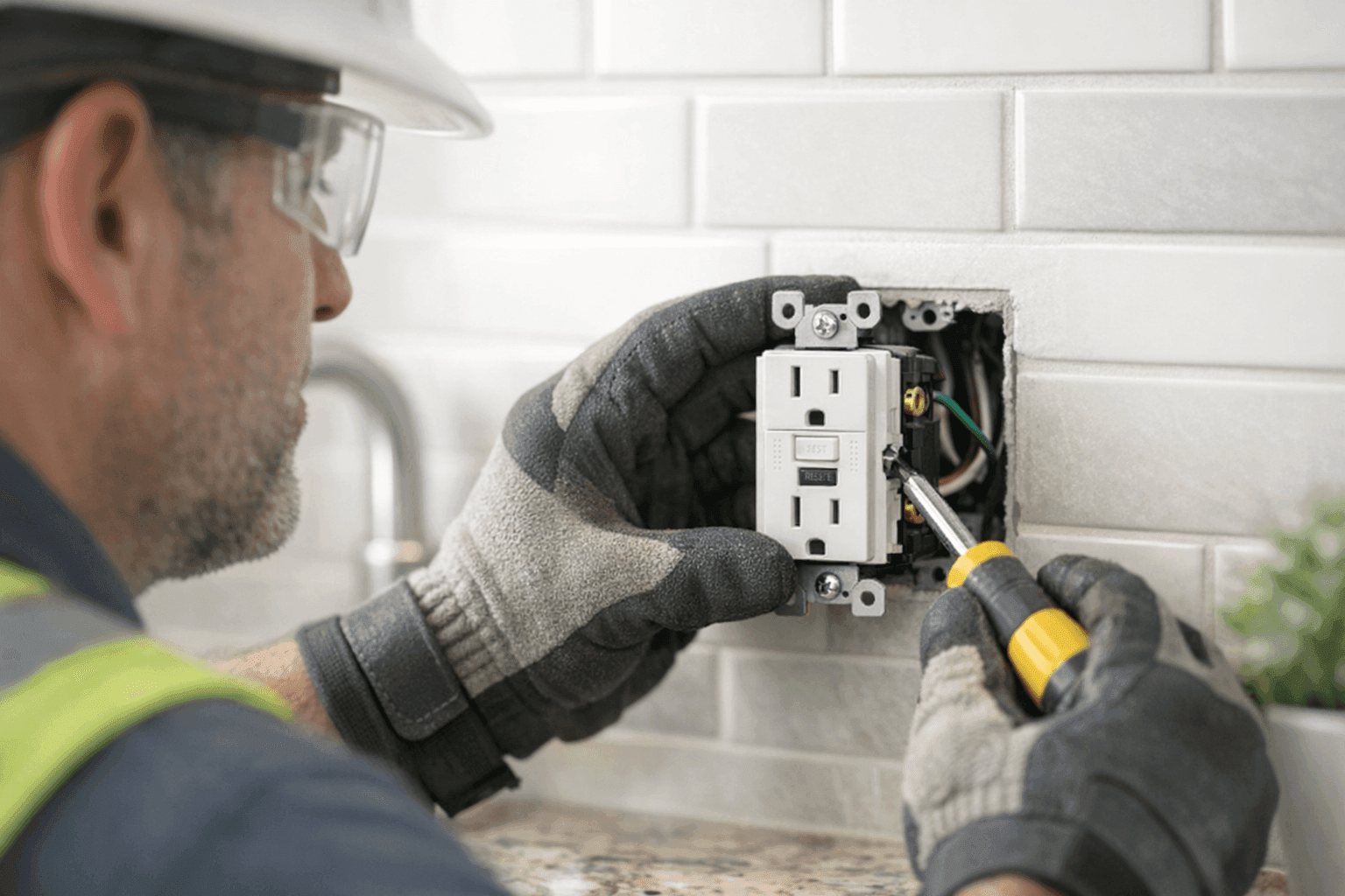 Electrician installing a GFCI outlet in kitchen backsplash